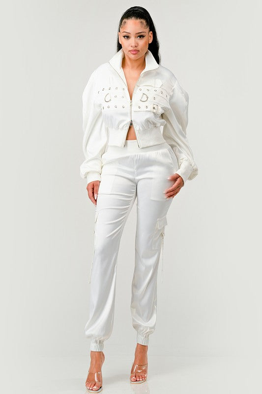 model wearing white In Control Jacket & Jogger Set 