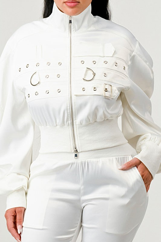 close up view of In Control Jacket & Jogger Set - White