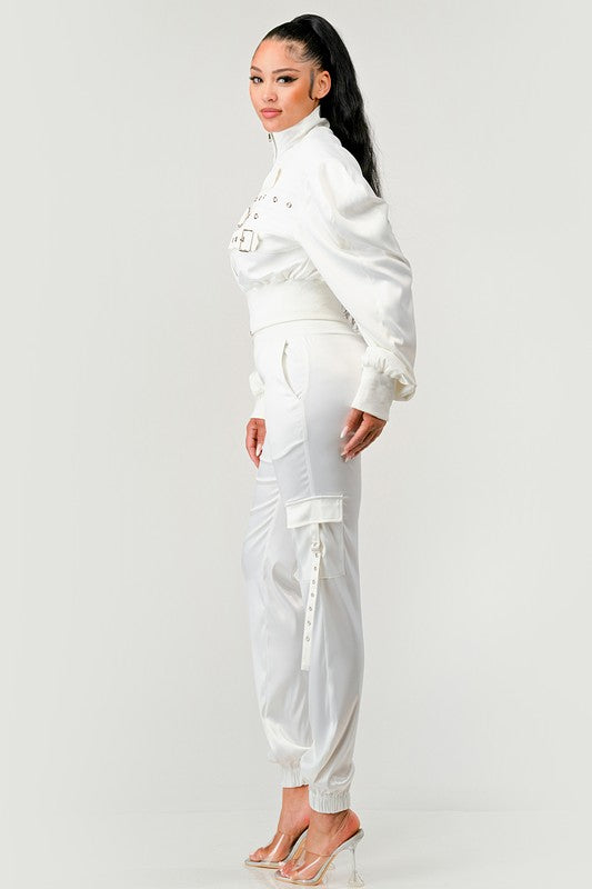 side view of model wearing In Control Jacket & Jogger Set - White