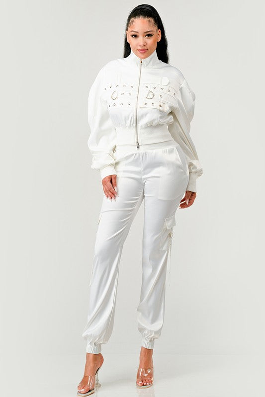 model wearing In Control Jacket & Jogger Set - White with clear heels
