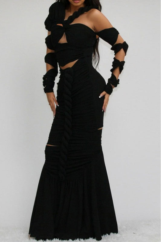 Black Long Sleeve Wrap Rope Maxi Dress