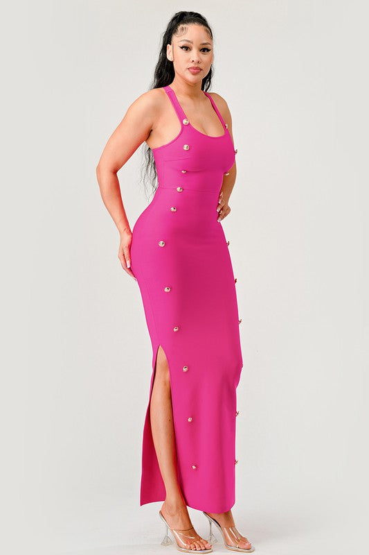 Hot Pink Brass Button Bandage Maxi Dress