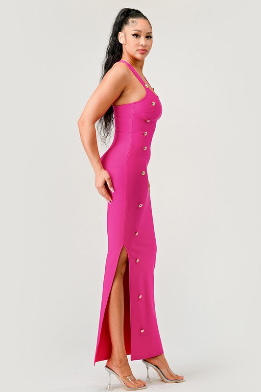 Hot Pink Brass Button Bandage Maxi Dress
