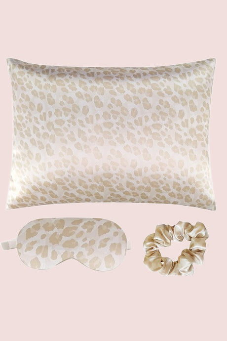 beige leopard print Satin Pillowcase Sleep Set