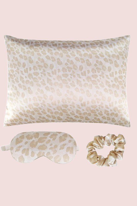 beige leopard print Satin Pillowcase Sleep Set