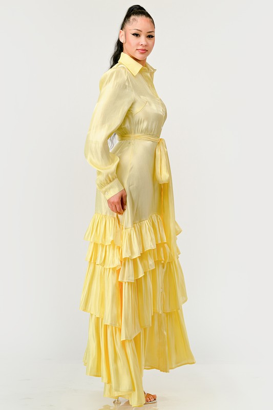 Yellow flowy tiered maxi dress with self tie waist belt