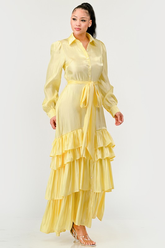 Yellow flowy tiered maxi dress with self tie waist belt