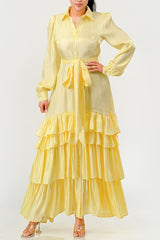 Yellow flowy tiered maxi dress with self tie waist belt