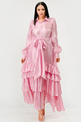 Pink flowy tiered maxi dress with self tie waist belt