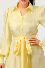 Yellow flowy tiered maxi dress with self tie waist belt