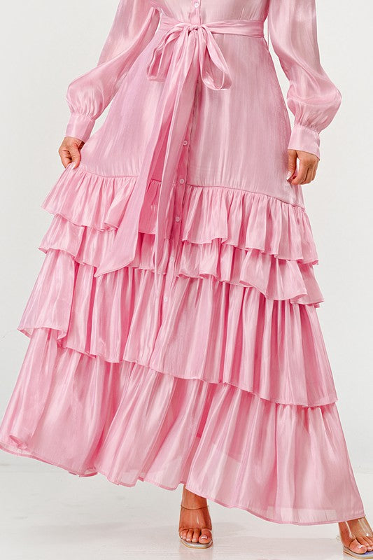 Pink flowy tiered maxi dress with self tie waist belt