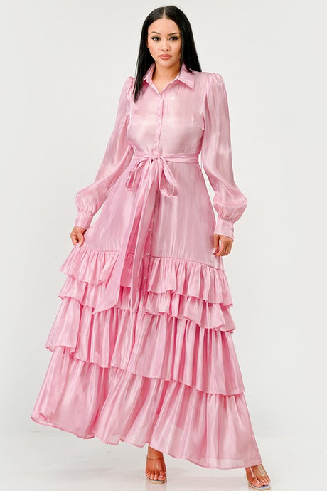 Pink flowy tiered maxi dress with self tie waist belt