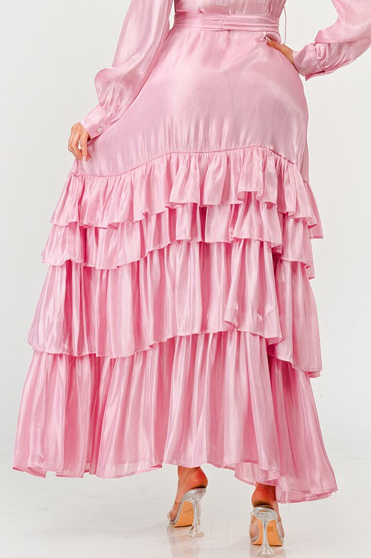 Pink flowy tiered maxi dress with self tie waist belt