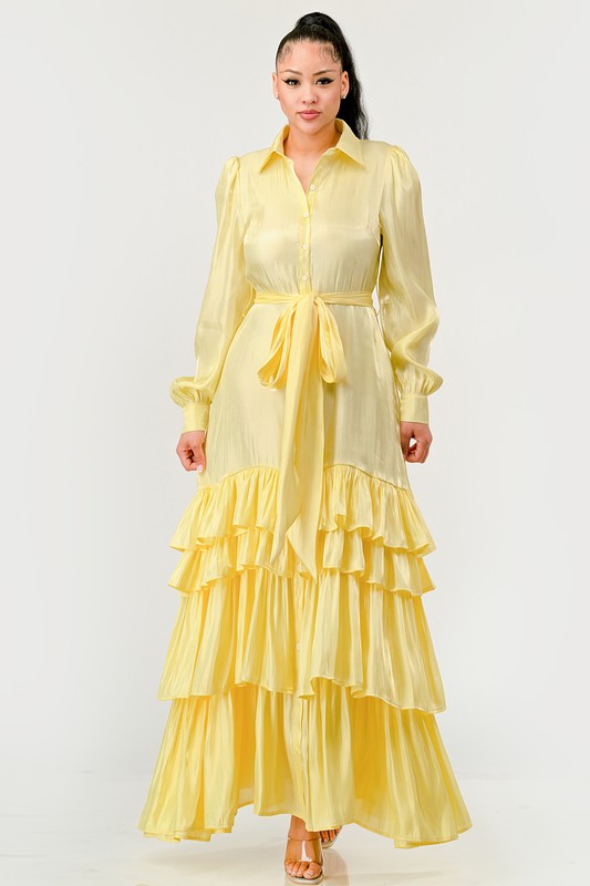 Yellow flowy tiered maxi dress with self tie waist belt