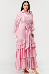 Pink flowy tiered maxi dress with self tie waist belt