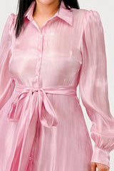 Pink flowy tiered maxi dress with self tie waist belt