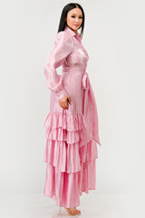 Pink flowy tiered maxi dress with self tie waist belt