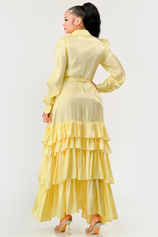 Yellow flowy tiered maxi dress with self tie waist belt