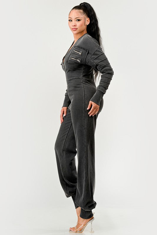 Black front zipper closure jumpsuit with ribbed long sleeves