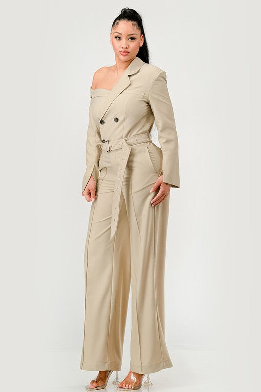 Double Breasted Trench Jumpsuit in Beige