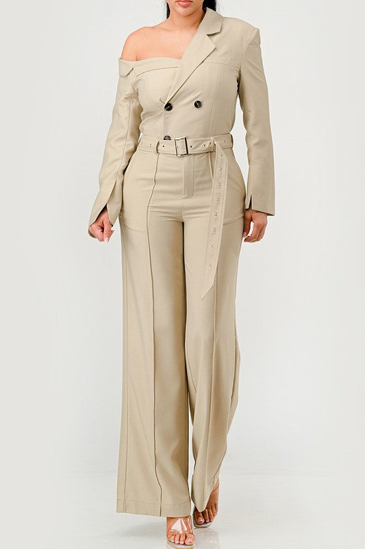 Double Breasted Trench Jumpsuit in Beige