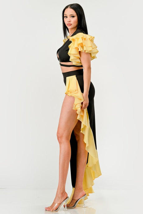 Sunset Ruffle High Slit Skirt Set