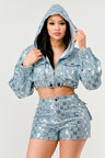 Sequin Denim Hoodie Short Set