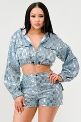 Sequin Denim Hoodie Short Set