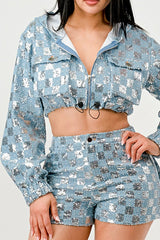 Sequin Denim Hoodie Short Set