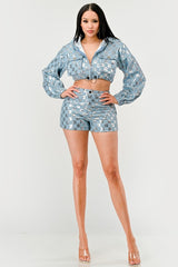 Sequin Denim Hoodie Short Set