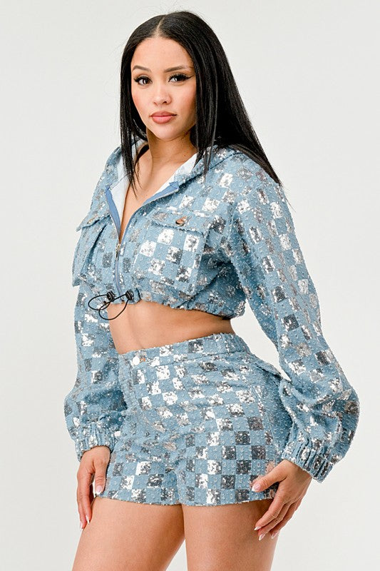 Sequin Denim Hoodie Short Set