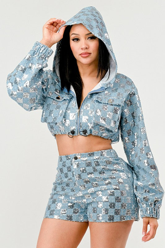 Sequin Denim Hoodie Short Set