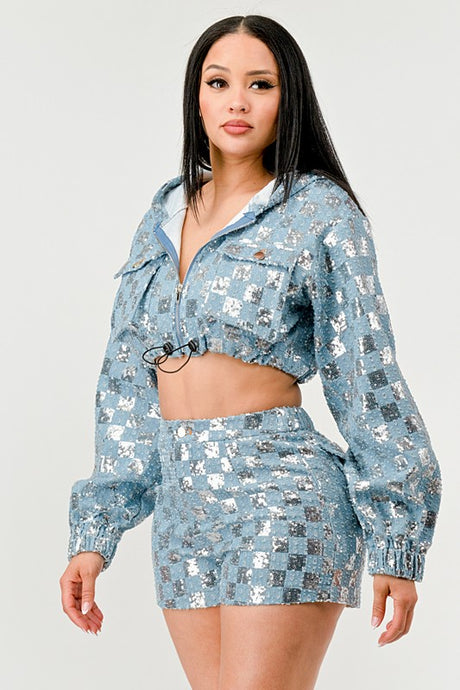 Sequin Denim Hoodie Short Set