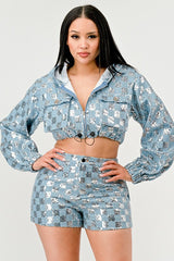 Sequin Denim Hoodie Short Set