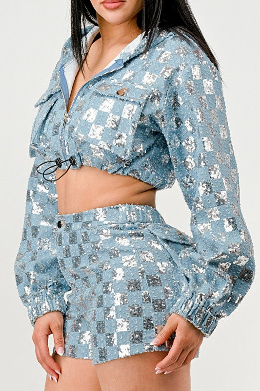 Sequin Denim Hoodie Short Set