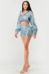 Sequin Denim Hoodie Short Set