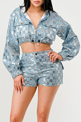 Sequin Denim Hoodie Short Set