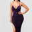 front view of model wearing a purple metallic glitter side slit midi dress