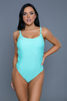 mint green swimsuit features a scoop neckline and thin shoulder straps. The crisscross detailing on the sides adds a stylish touch