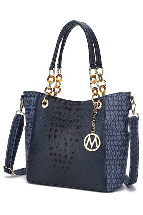 navy Crocodile Print Faux Leather Tote Bag