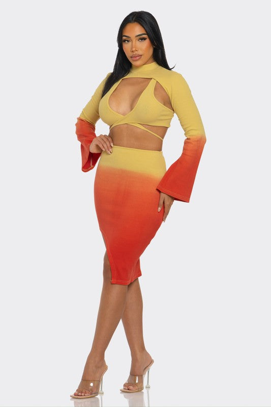 Yellow and orange gradient high collar skirt set with asymmetrical skirt -side view