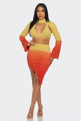 Yellow and orange gradient high collar skirt set with asymmetrical skirt - front  view