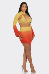 side view of model wearing Yellow and orange gradient high collar skirt set with asymmetrical skirt