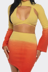 Yellow and orange gradient high collar skirt set with asymmetrical skirt - close up view