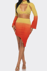 Yellow and orange gradient high collar skirt set with asymmetrical skirt - close up of skirt