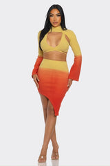 Yellow and orange gradient high collar skirt set with asymmetrical skirt