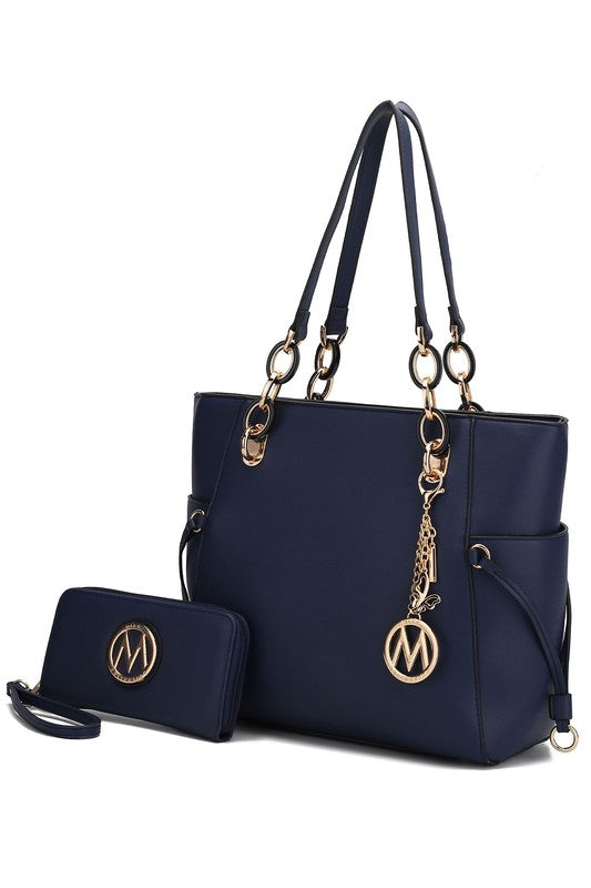 navy blue Vegan Leather Tote Bag with Wallet