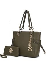 olive green Vegan Leather Tote Bag with Wallet