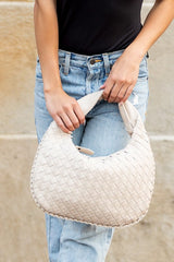 bone colored Paige Vegan Leather Woven Handbag