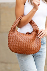 cognac Paige Vegan Leather Woven Handbag